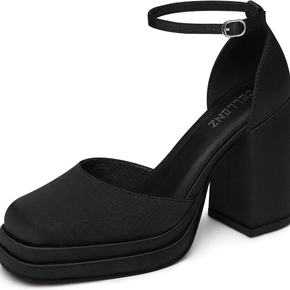 Women Chunky High Heels Satin Platform Pumps Ankle Strap Wedding Party Dress
